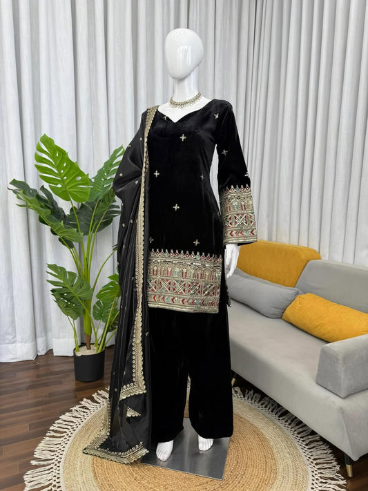 Black Designer Palazzo Suit Set with Embroidered Kurta & Dupatta | Party Wear Ethnic Suit for Women | Elegant Festive Outfit