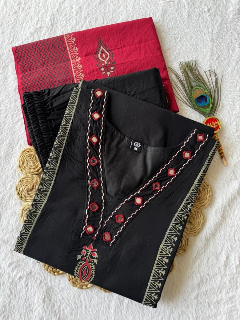 Designer Black A-Line Kurti Pant Set with Red Dupatta – Embroidered Festive Wear