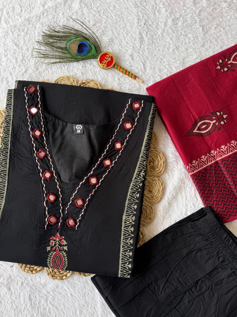 Designer Black A-Line Kurti Pant Set with Red Dupatta – Embroidered Festive Wear
