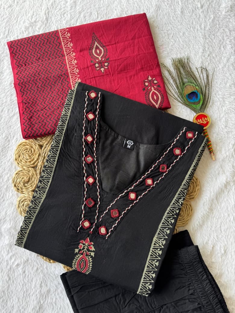 Designer Black A-Line Kurti Pant Set with Red Dupatta – Embroidered Festive Wear