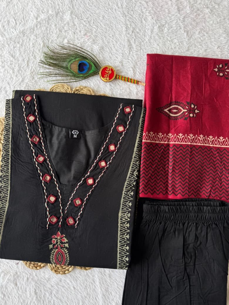 Designer Black A-Line Kurti Pant Set with Red Dupatta – Embroidered Festive Wear