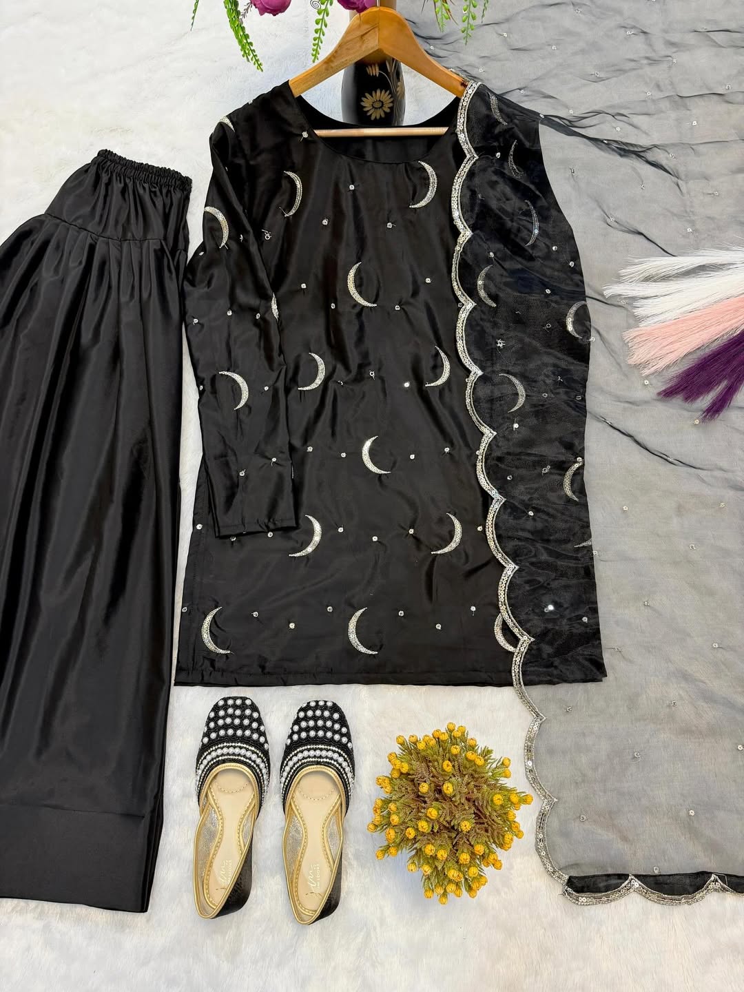 Black Designer Kurta Sharara Set with Dupatta | Moon Embroidered Party & Festive Wear for Women