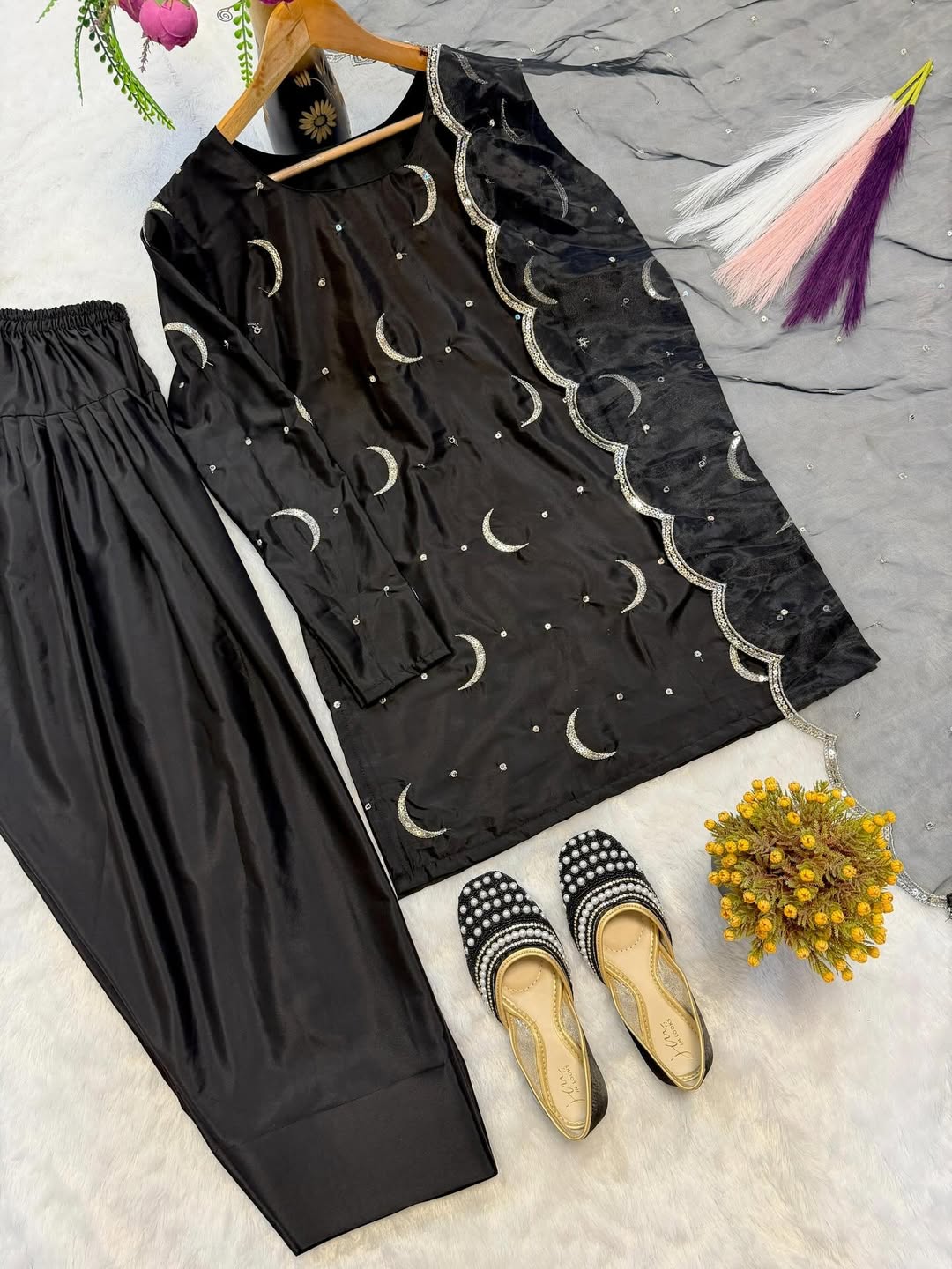 Black Designer Kurta Sharara Set with Dupatta | Moon Embroidered Party & Festive Wear for Women