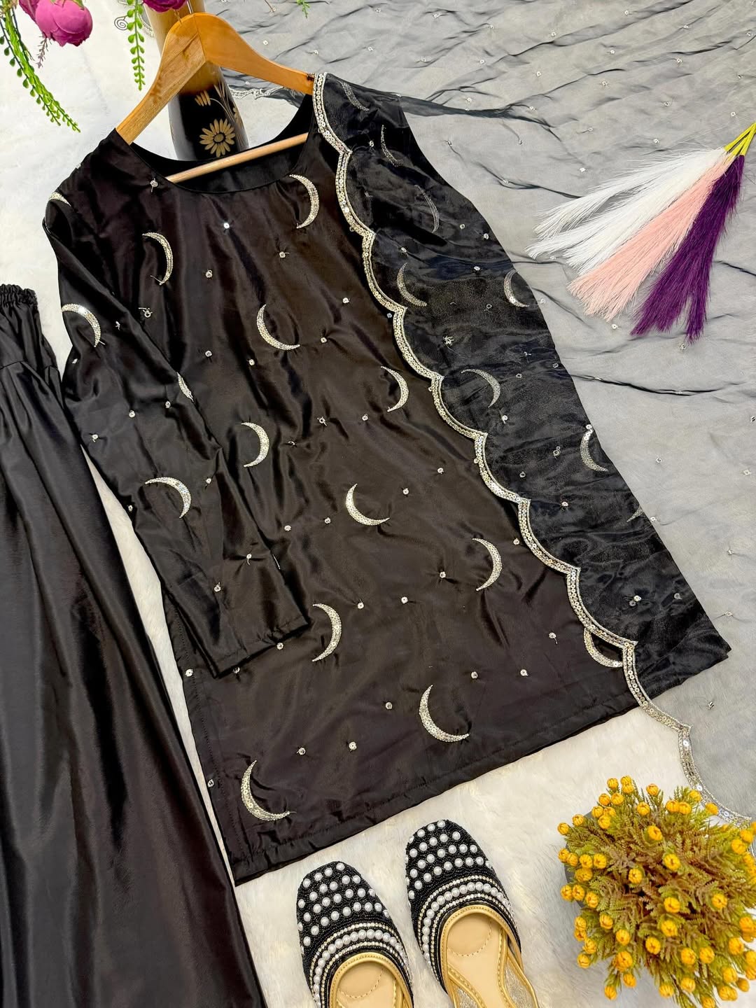 Black Designer Kurta Sharara Set with Dupatta | Moon Embroidered Party & Festive Wear for Women