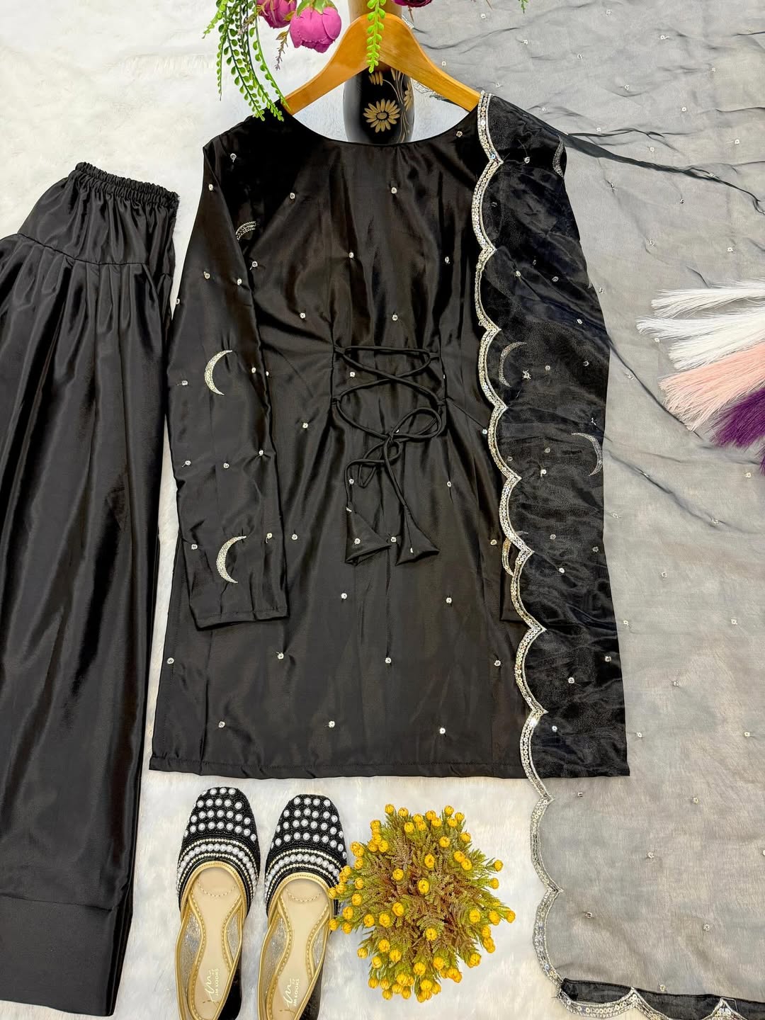 Black Designer Kurta Sharara Set with Dupatta | Moon Embroidered Party & Festive Wear for Women