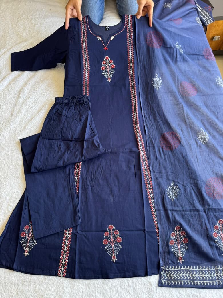 Navy Blue Designer A-Line Kurti Set with Pant & Dupatta | Embroidered Ethnic Wear for Women