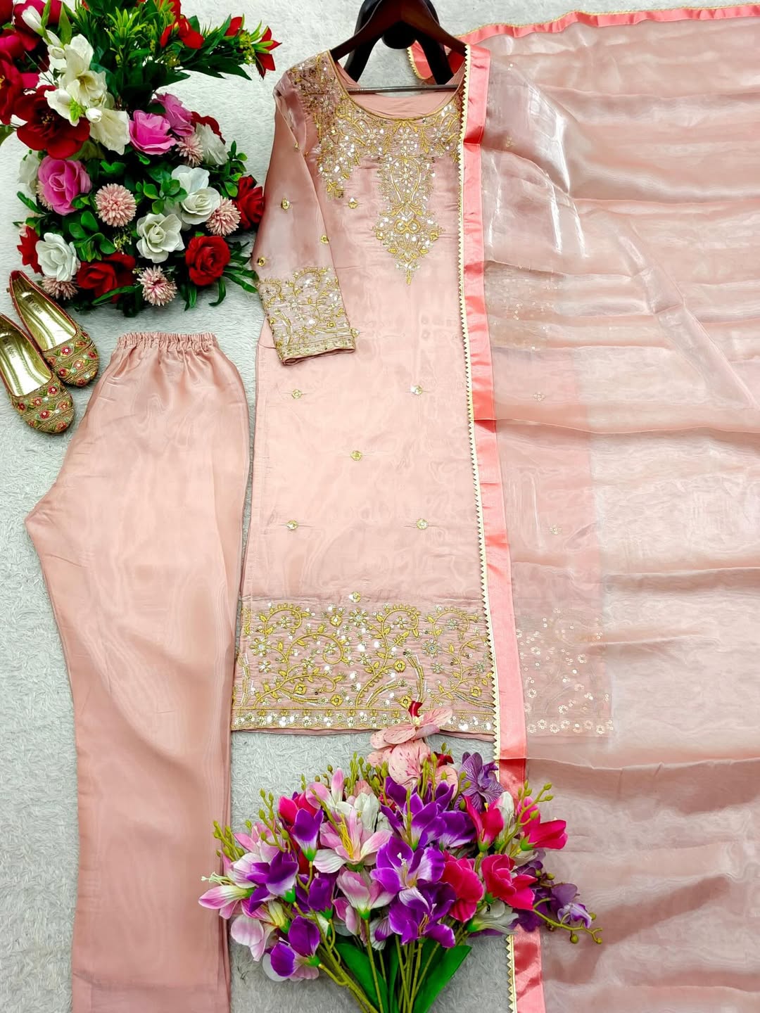 Peach Pink Designer Kurta Pant Set with Mirror Work & Dupatta | Festive Party Wear Ethnic Outfit for Women