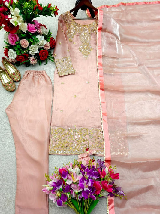 Peach Pink Designer Kurta Pant Set with Mirror Work & Dupatta | Festive Party Wear Ethnic Outfit for Women