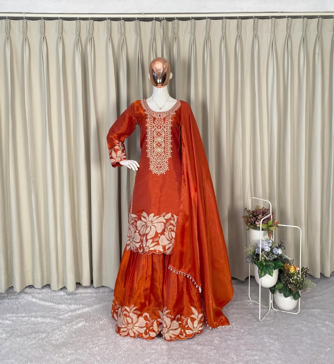 Rust Orange Designer Kurta Sharara Set with Dupatta | Heavy Embroidered Party & Wedding Wear for Women