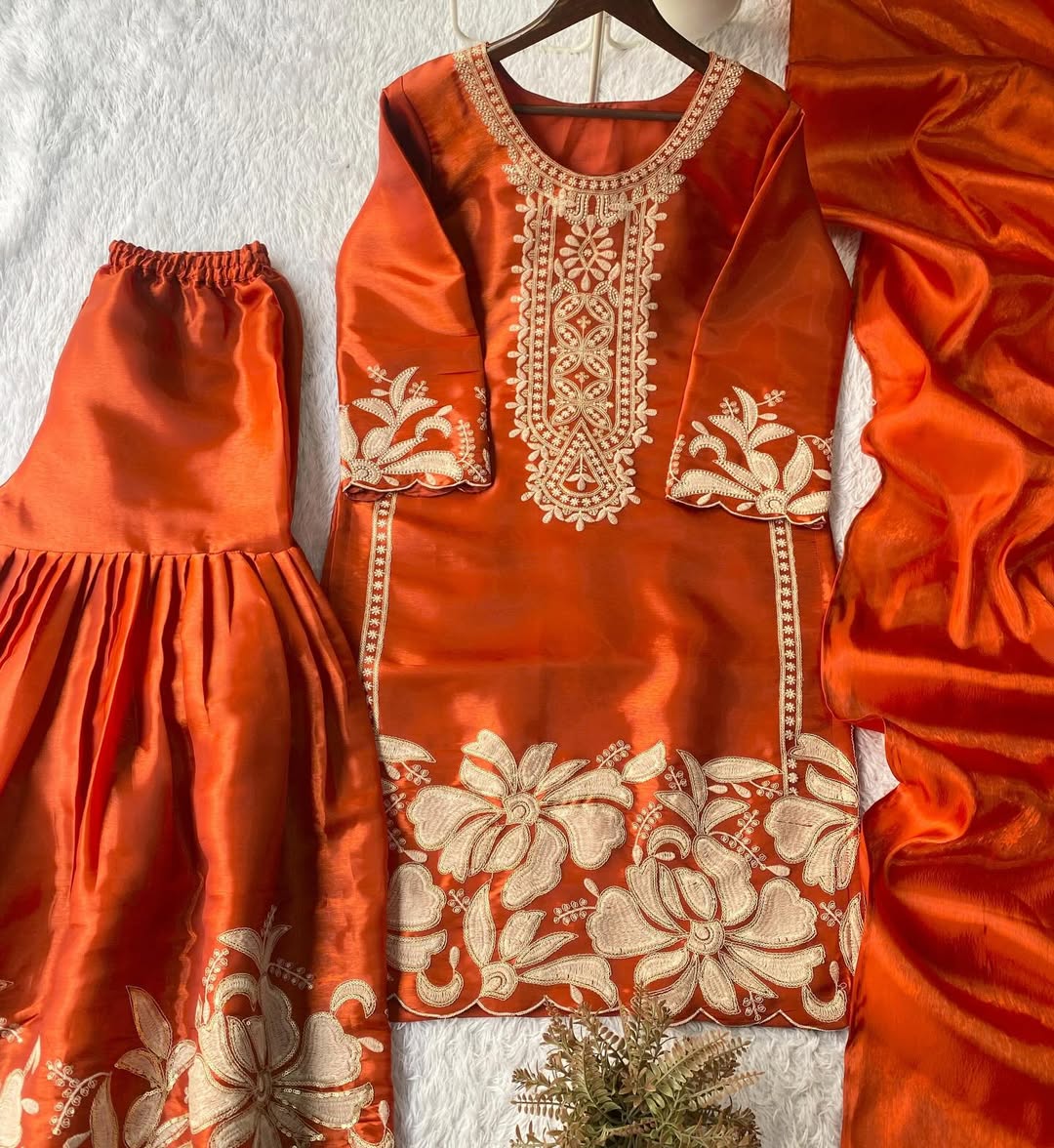 Rust Orange Designer Kurta Sharara Set with Dupatta | Heavy Embroidered Party & Wedding Wear for Women