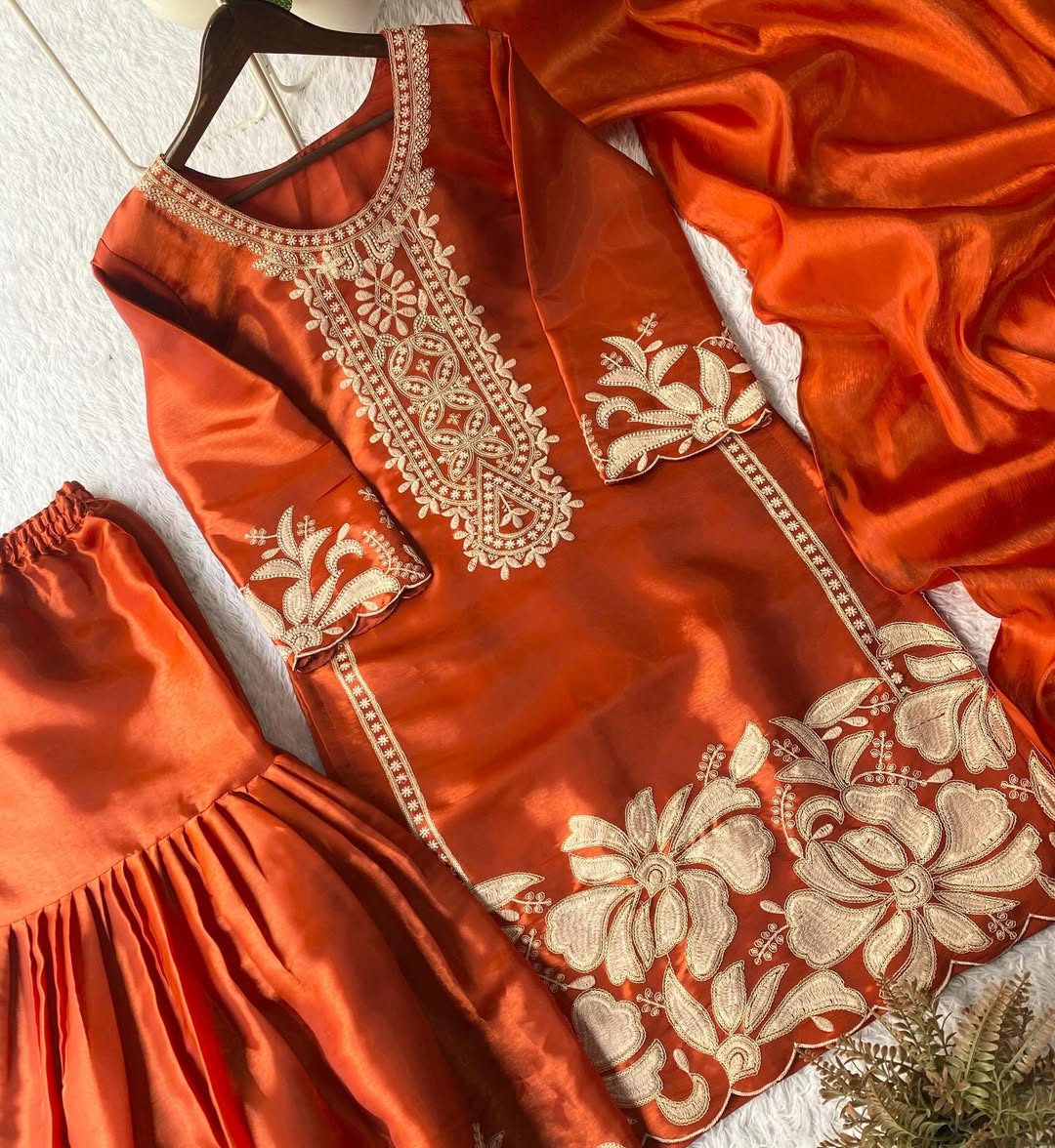 Rust Orange Designer Kurta Sharara Set with Dupatta | Heavy Embroidered Party & Wedding Wear for Women