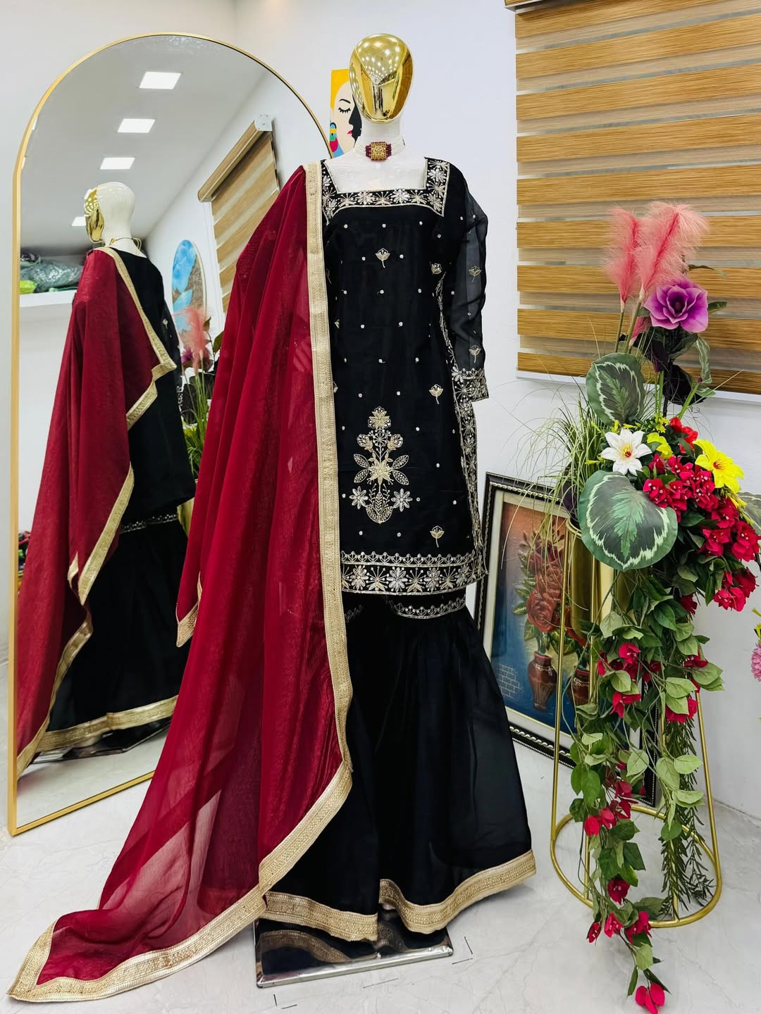 Designer Embroidered Kurta Pant Dupatta Set for Women | Premium Ethnic Party & Festive Wear (Black, Red, Purple teal blue