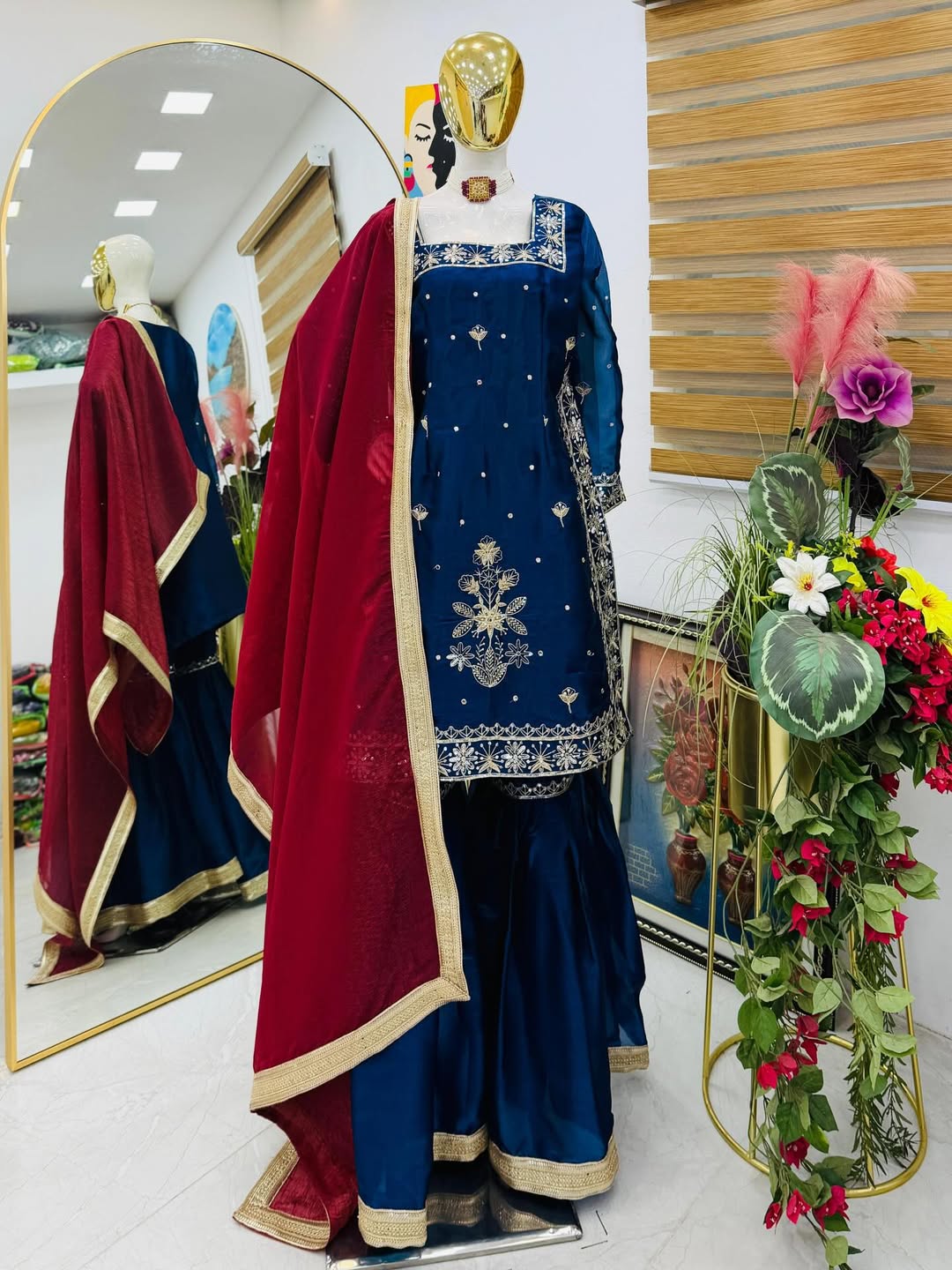 Designer Embroidered Kurta Pant Dupatta Set for Women | Premium Ethnic Party & Festive Wear (Black, Red, Purple teal blue