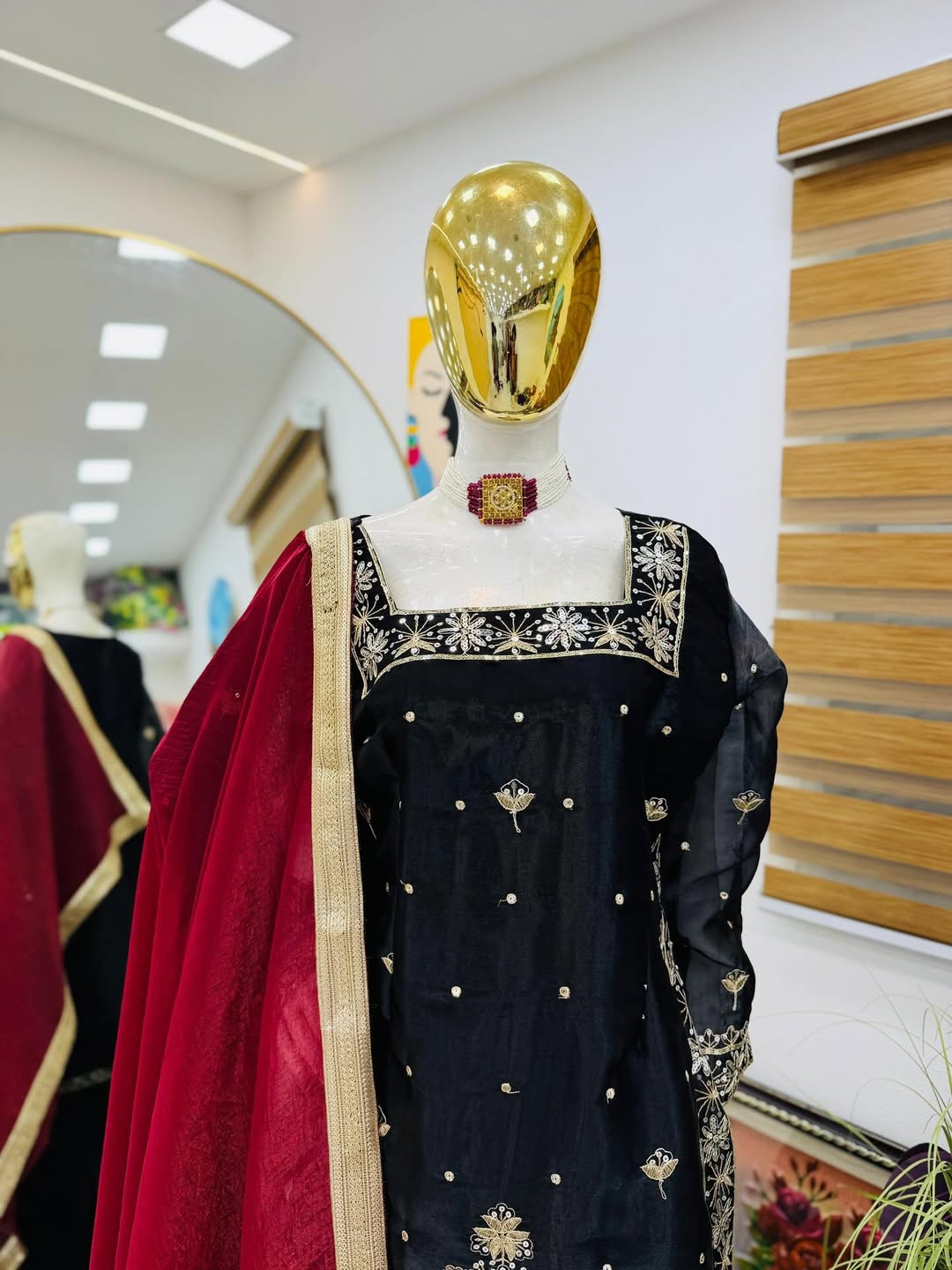 Designer Embroidered Kurta Pant Dupatta Set for Women | Premium Ethnic Party & Festive Wear (Black, Red, Purple teal blue