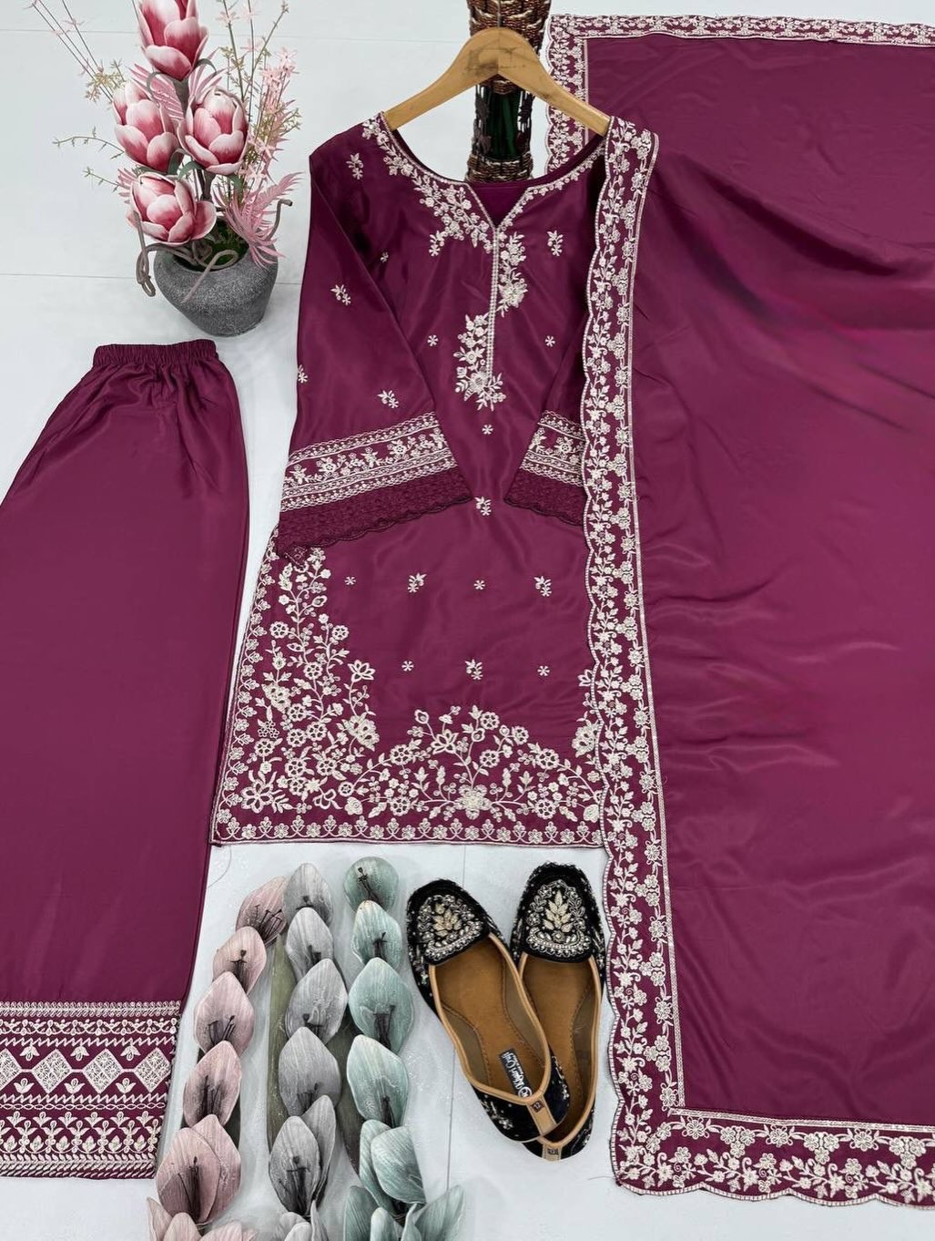 Designer Heavy Embroidered Kurta Pant Dupatta Set for Women | Festive & Wedding Ethnic Wear (Maroon / Green / Wine)