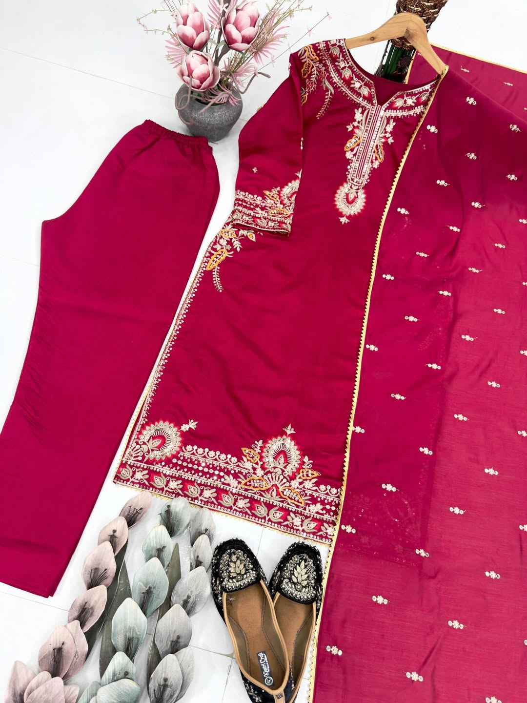 Designer Maroon Embroidered Kurti Pant Dupatta Set for Women | Festive & Party Wear Ethnic Suit