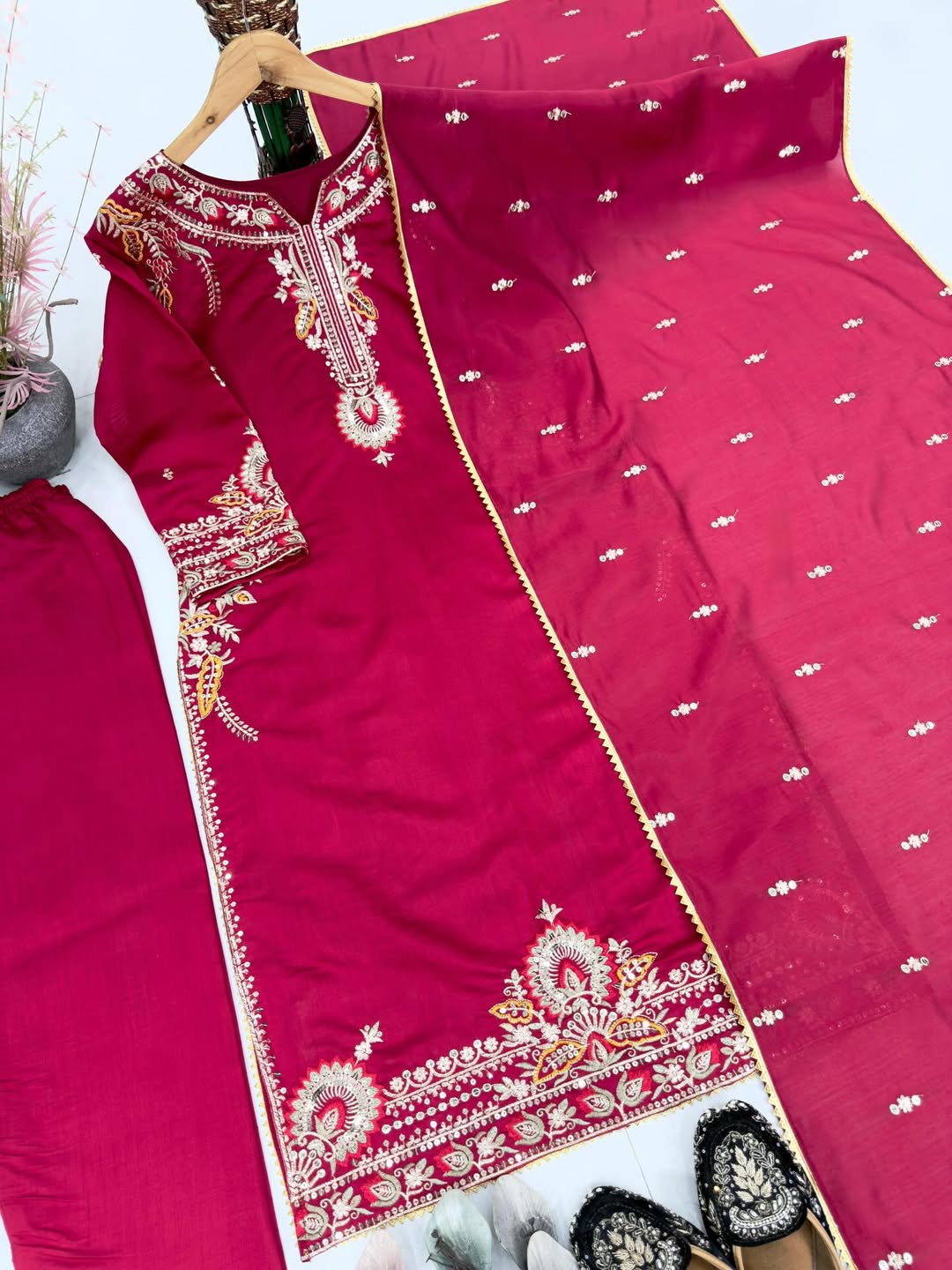 Designer Maroon Embroidered Kurti Pant Dupatta Set for Women | Festive & Party Wear Ethnic Suit