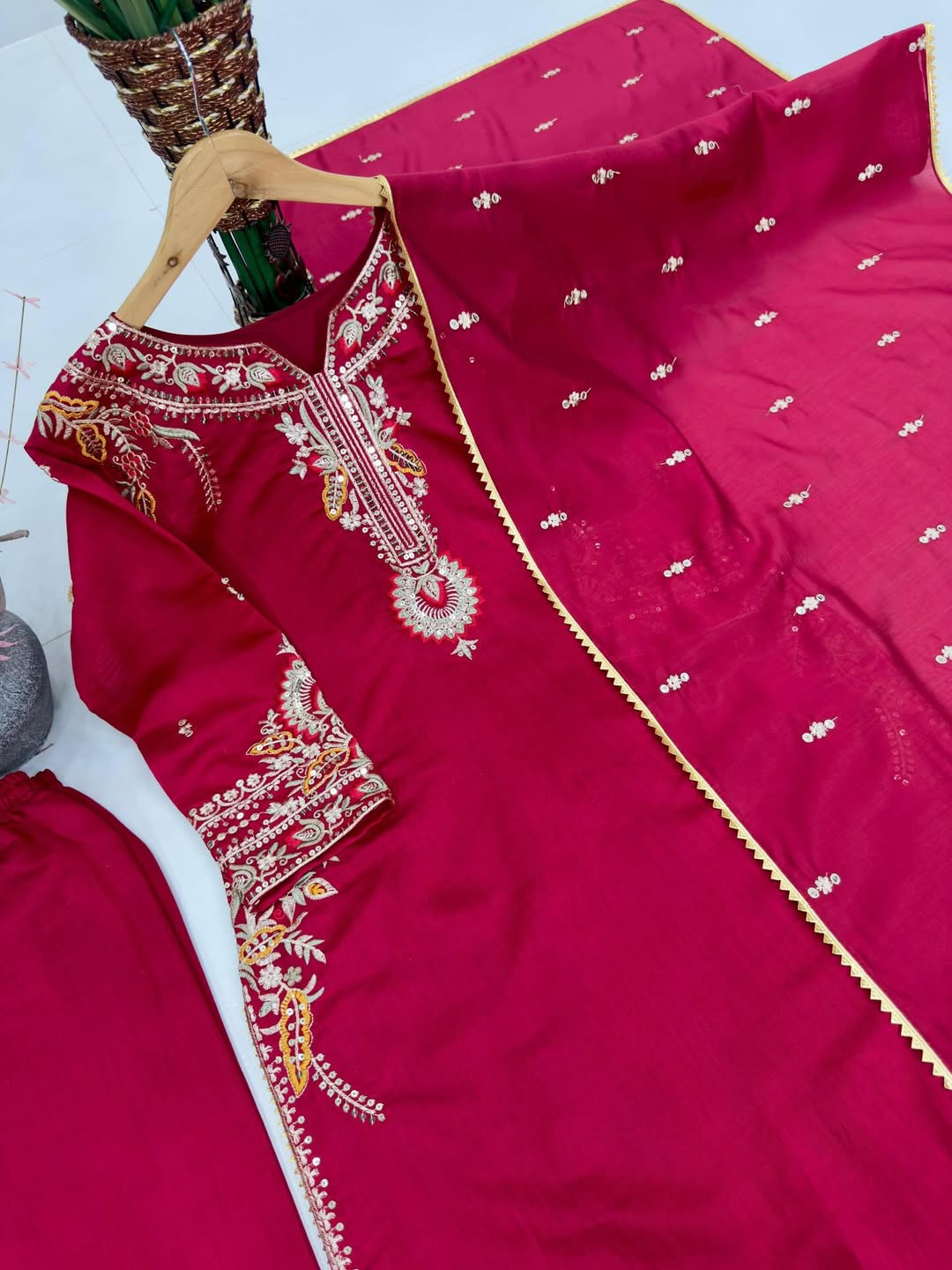 Designer Maroon Embroidered Kurti Pant Dupatta Set for Women | Festive & Party Wear Ethnic Suit
