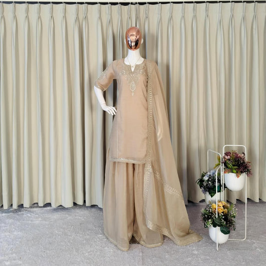 Beige Embroidered Kurta Sharara Set with Net Dupatta | Elegant Party & Wedding Wear Designer Suit for Women