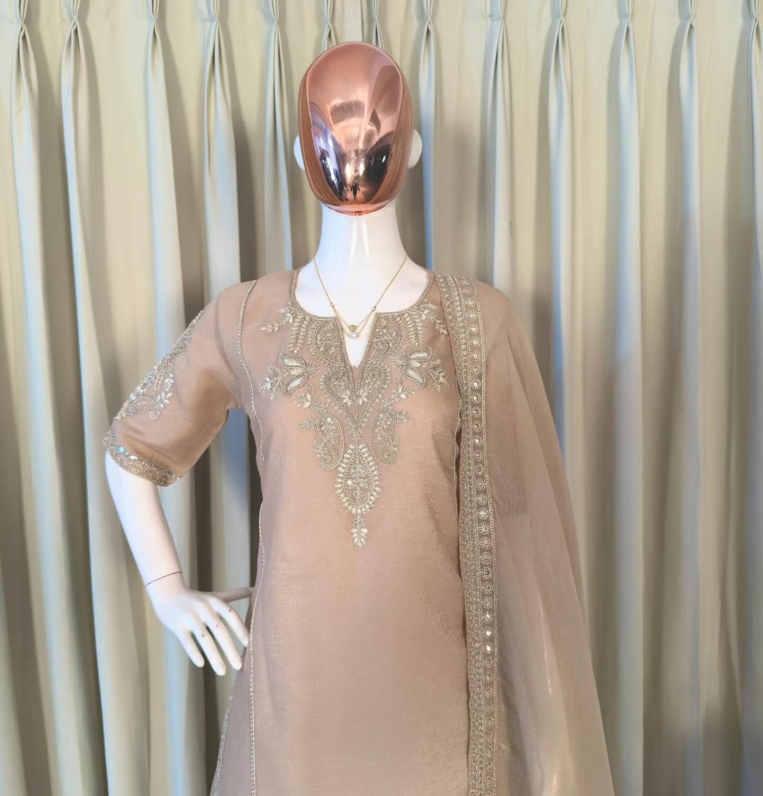 Beige Embroidered Kurta Sharara Set with Net Dupatta | Elegant Party & Wedding Wear Designer Suit for Women