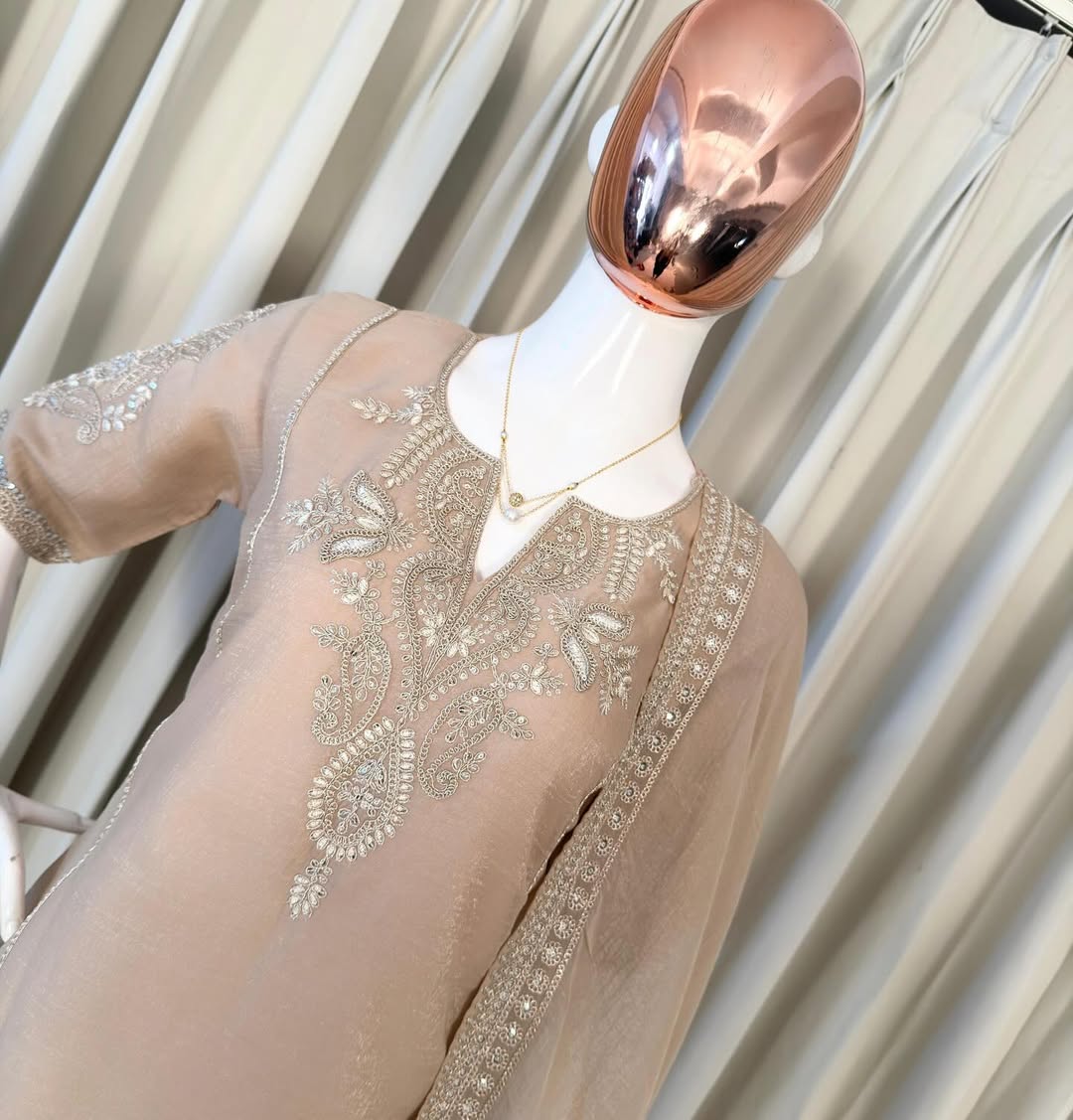 Beige Embroidered Kurta Sharara Set with Net Dupatta | Elegant Party & Wedding Wear Designer Suit for Women