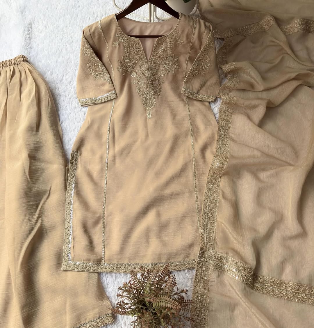 Beige Embroidered Kurta Sharara Set with Net Dupatta | Elegant Party & Wedding Wear Designer Suit for Women