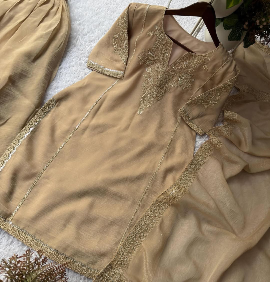 Beige Embroidered Kurta Sharara Set with Net Dupatta | Elegant Party & Wedding Wear Designer Suit for Women