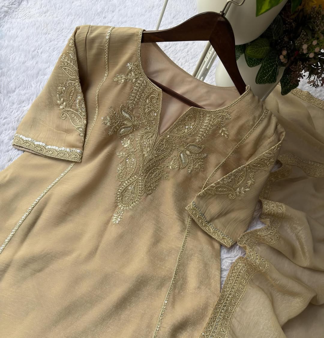 Beige Embroidered Kurta Sharara Set with Net Dupatta | Elegant Party & Wedding Wear Designer Suit for Women