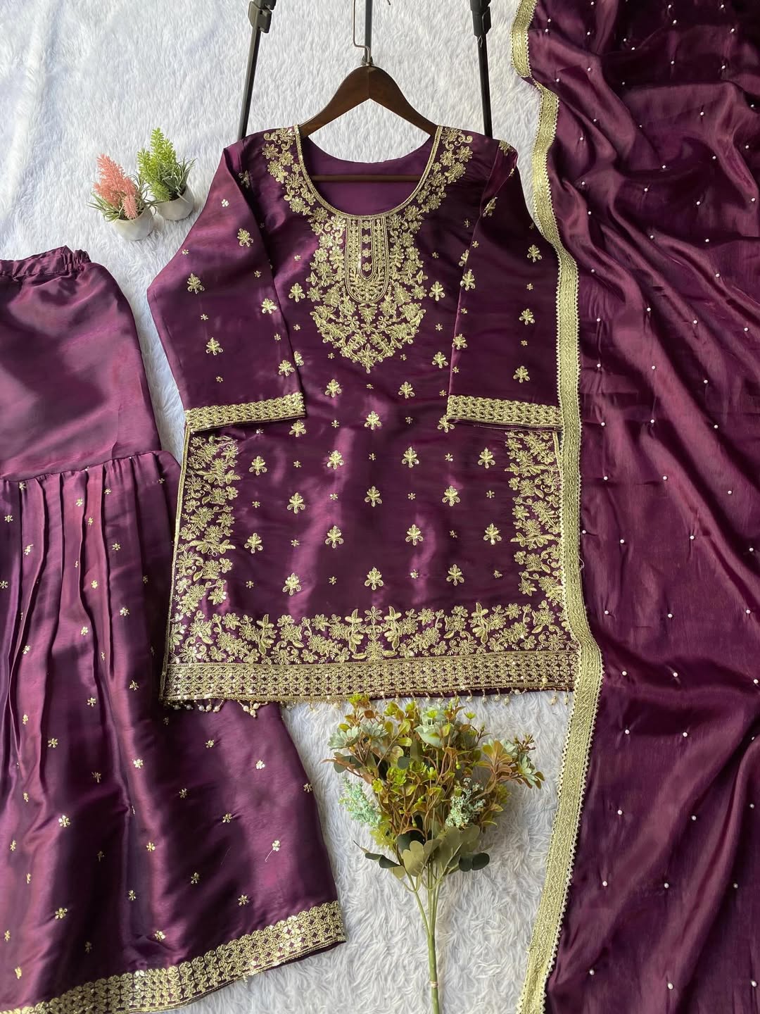 Designer Wine Purple Kurta Sharara Set with Dupatta – Heavy Embroidered Eid & Wedding Wear