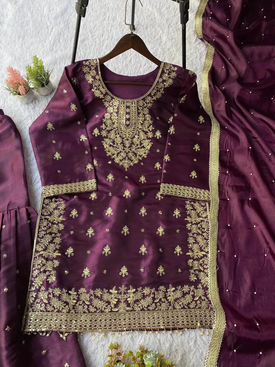 Designer Wine Purple Kurta Sharara Set with Dupatta – Heavy Embroidered Eid & Wedding Wear