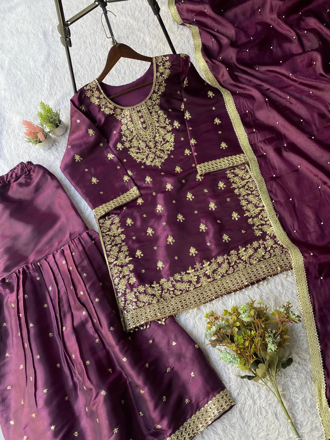 Designer Wine Purple Kurta Sharara Set with Dupatta – Heavy Embroidered Eid & Wedding Wear