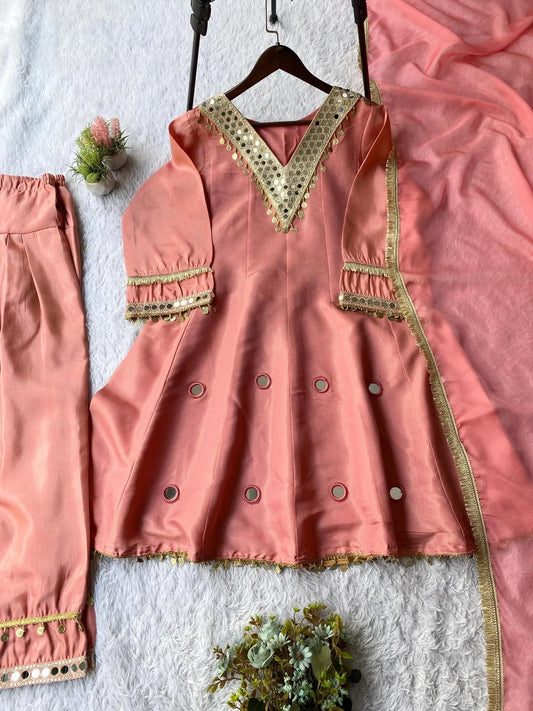 Peach Pink Designer Kurta Pant Set with Mirror Work & Dupatta | Festive Party Wear Ethnic Outfit for Women