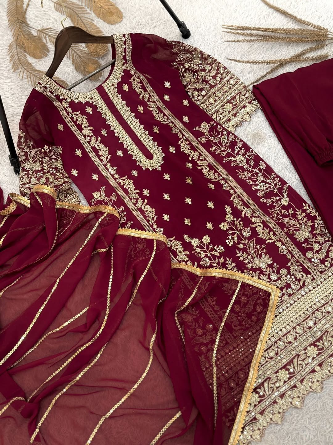 Maroon Embroidered Kurta Pant Set with Floral Dupatta | Designer Party Wear & Festive Ethnic Suit for Women