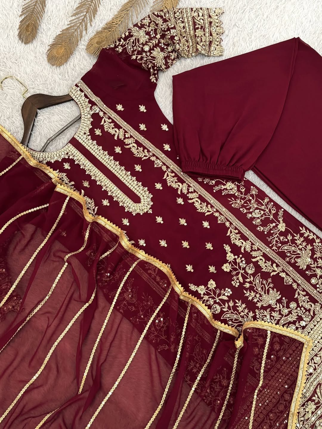 Maroon Embroidered Kurta Pant Set with Floral Dupatta | Designer Party Wear & Festive Ethnic Suit for Women