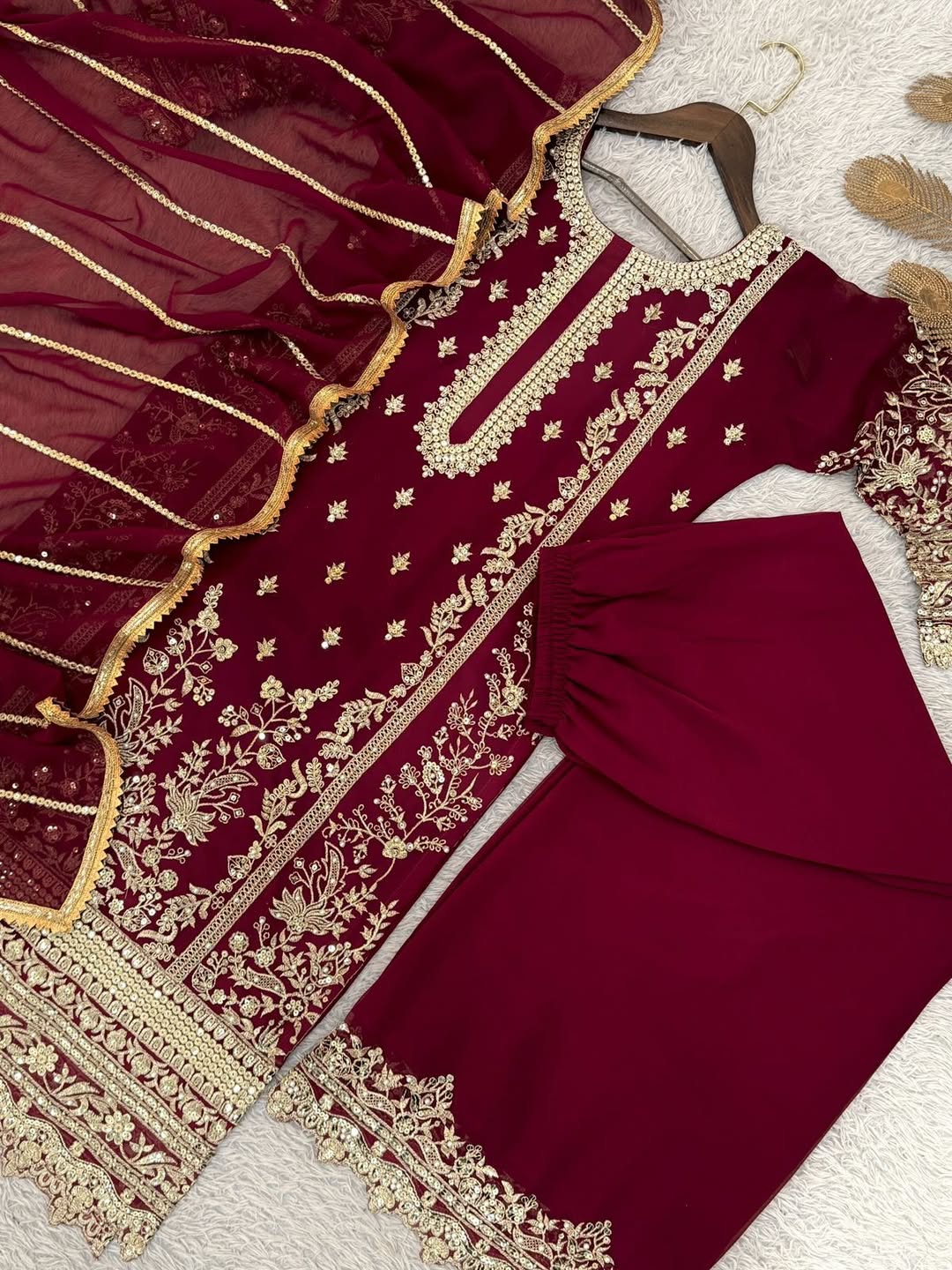 Maroon Embroidered Kurta Pant Set with Floral Dupatta | Designer Party Wear & Festive Ethnic Suit for Women