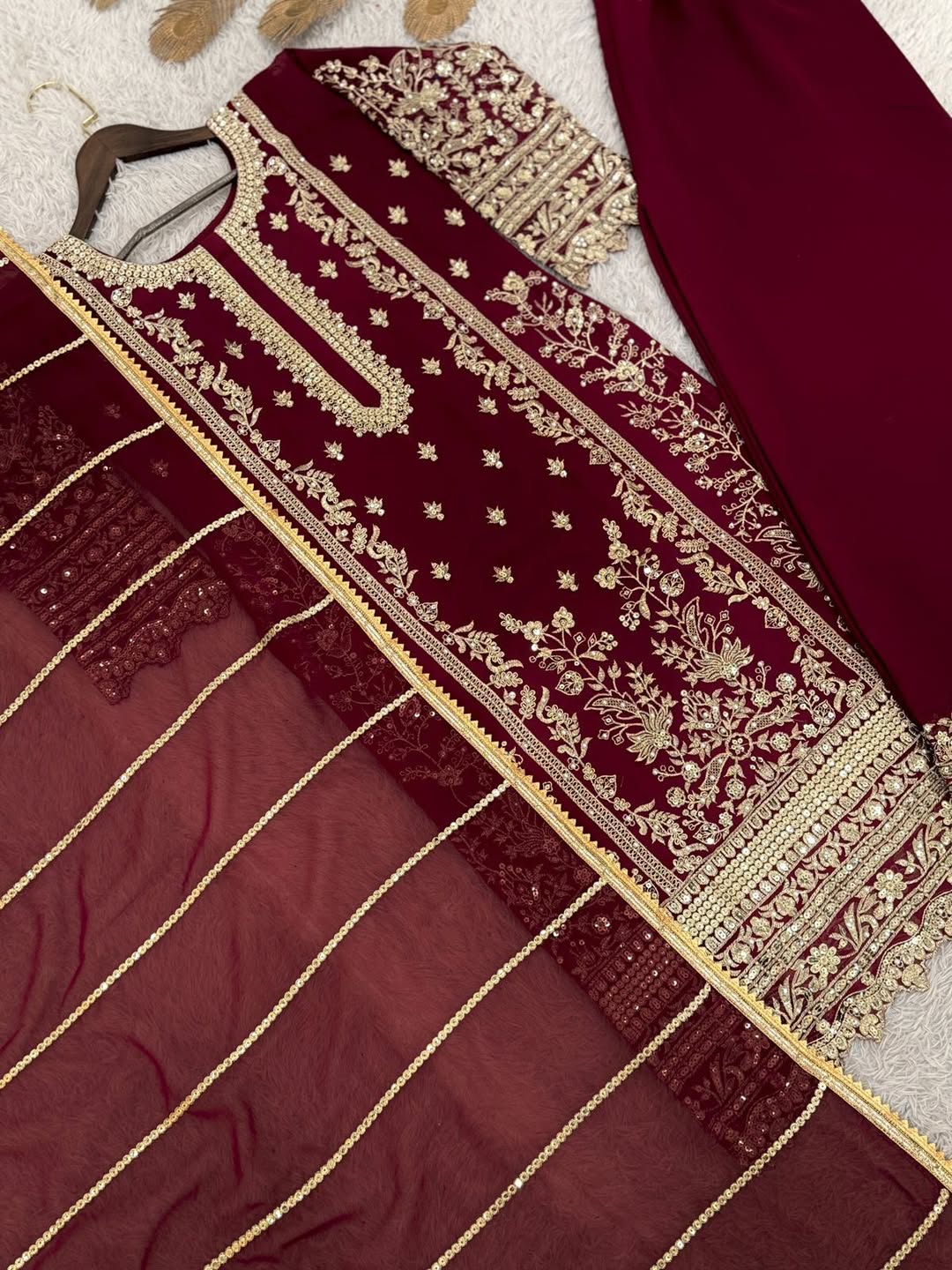 Maroon Embroidered Kurta Pant Set with Floral Dupatta | Designer Party Wear & Festive Ethnic Suit for Women