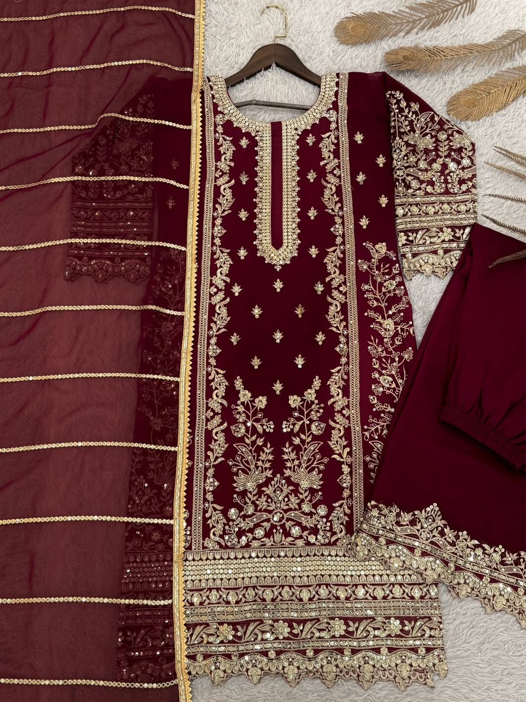 Maroon Embroidered Kurta Pant Set with Floral Dupatta | Designer Party Wear & Festive Ethnic Suit for Women