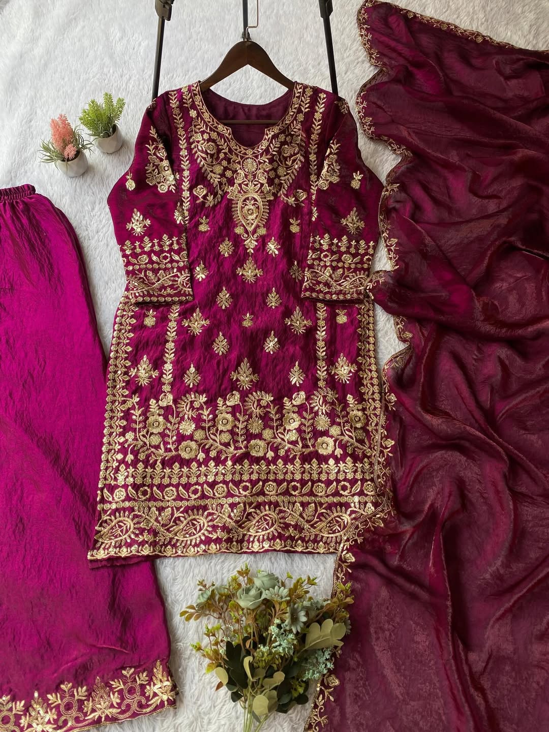Designer Maroon Embroidered Kurti Pant Dupatta Set for Women | Festive & Party Wear Ethnic Suit