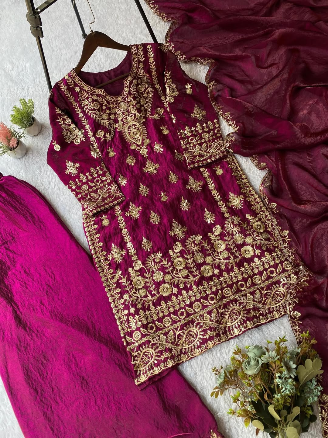 Designer Maroon Embroidered Kurti Pant Dupatta Set for Women | Festive & Party Wear Ethnic Suit