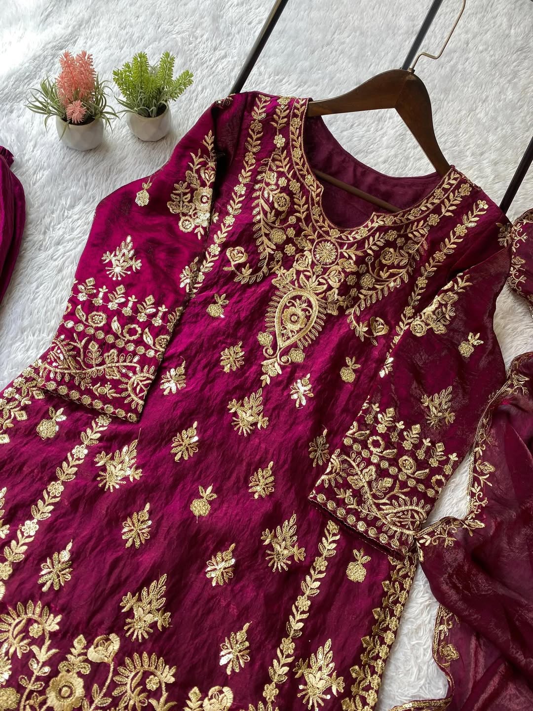 Designer Maroon Embroidered Kurti Pant Dupatta Set for Women | Festive & Party Wear Ethnic Suit