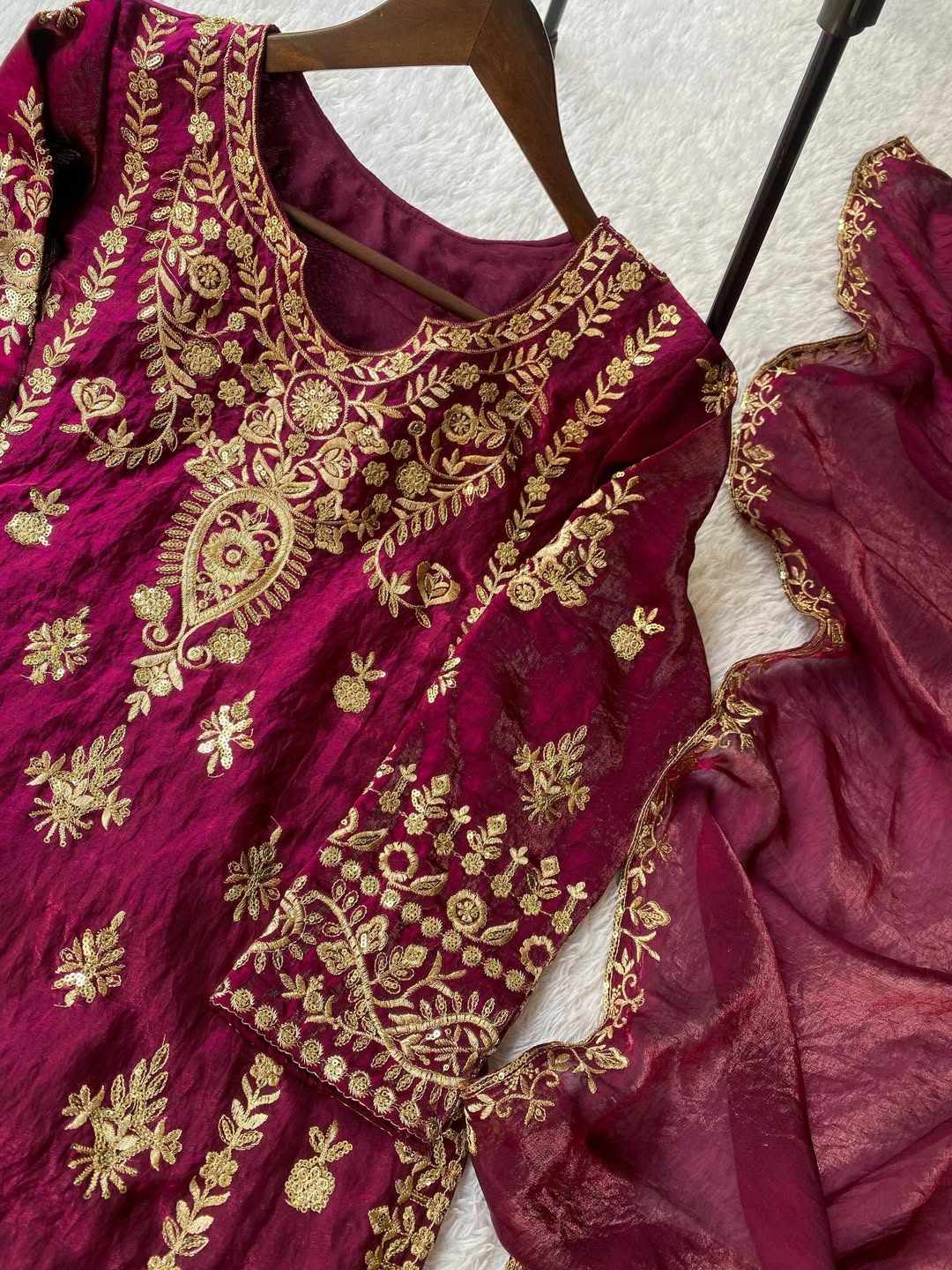 Designer Maroon Embroidered Kurti Pant Dupatta Set for Women | Festive & Party Wear Ethnic Suit