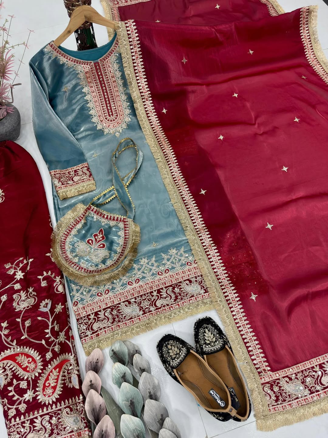 Designer Embroidered Kurti Palazzo Set with Dupatta | Steel Blue & Maroon Party Wear Suit