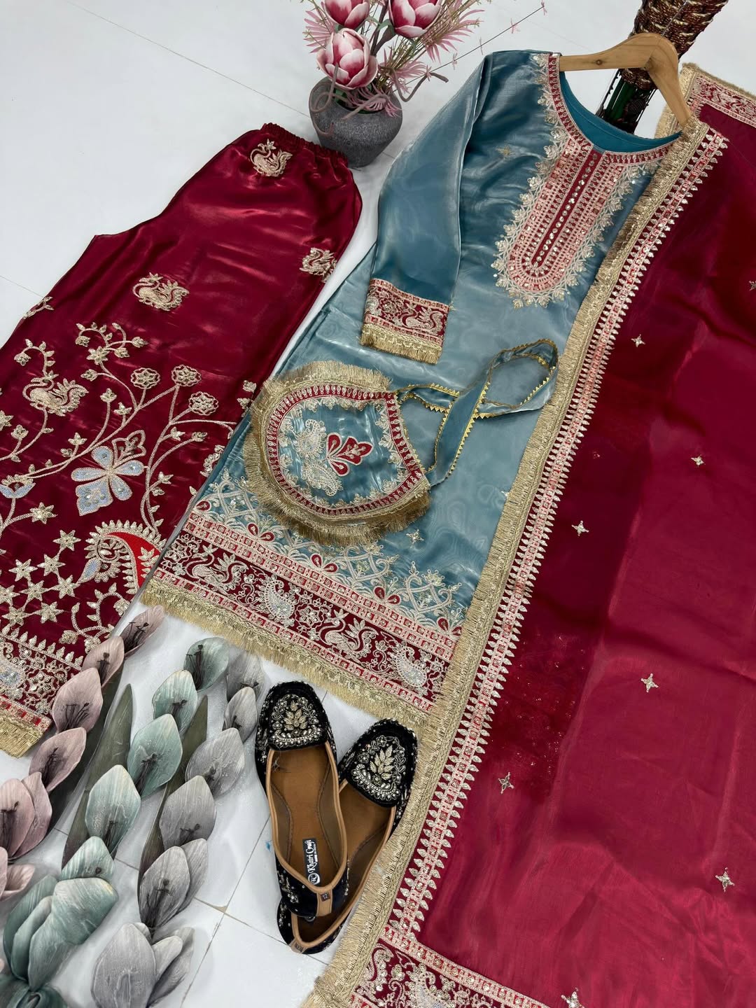 Designer Embroidered Kurti Palazzo Set with Dupatta | Steel Blue & Maroon Party Wear Suit