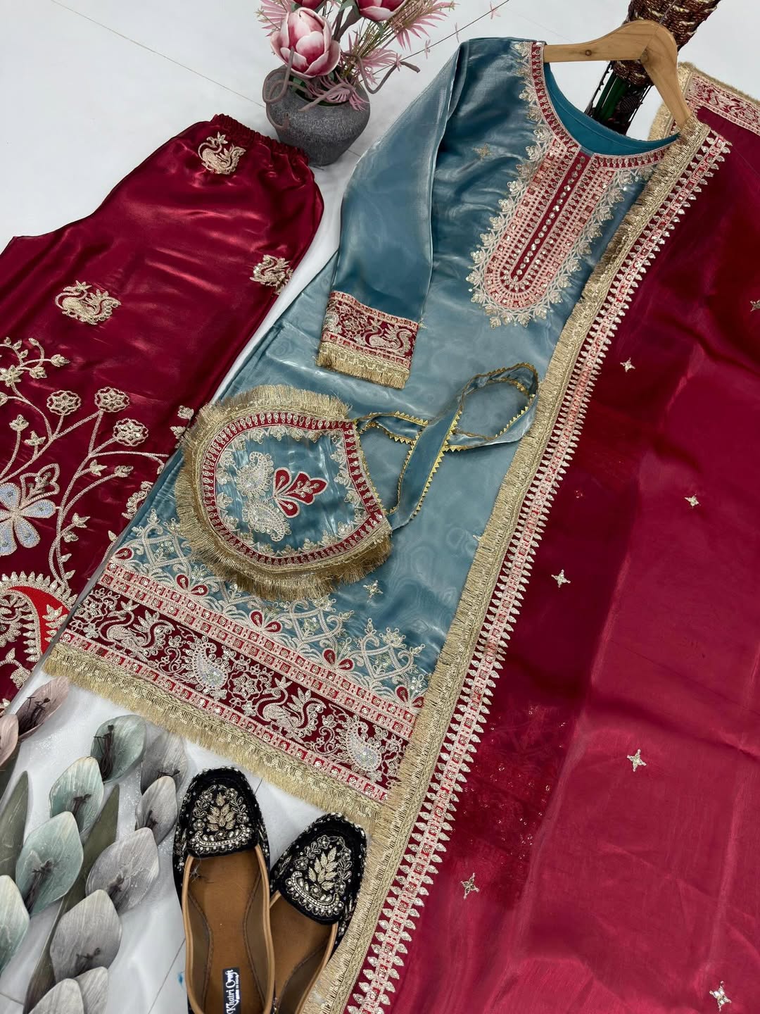 Designer Embroidered Kurti Palazzo Set with Dupatta | Steel Blue & Maroon Party Wear Suit