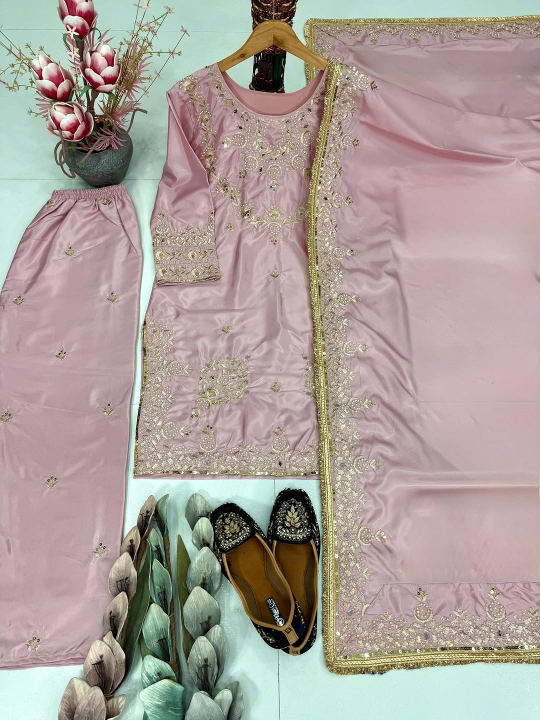 Embroidered Kurta Pant Set with Floral Dupatta | Designer Party Wear & Festive Ethnic Suit for Women