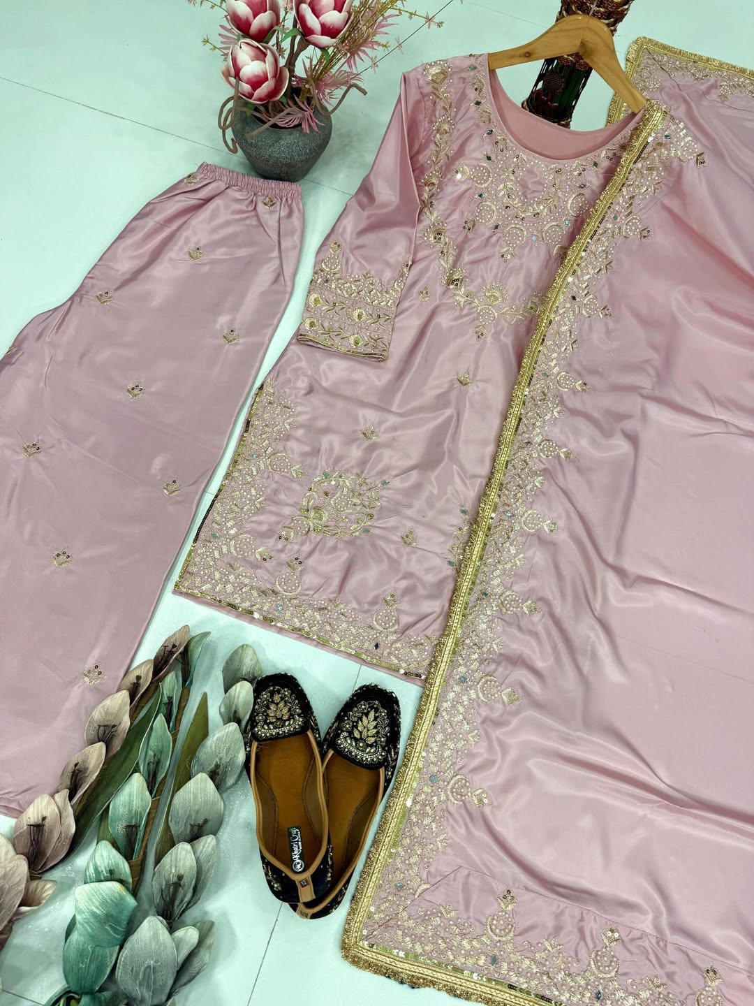 Embroidered Kurta Pant Set with Floral Dupatta | Designer Party Wear & Festive Ethnic Suit for Women