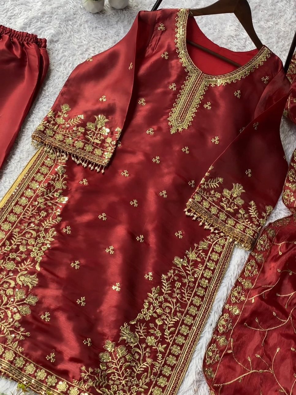 Designer Embroidered Kurta Pant Dupatta Set for Women | Premium Ethnic Party & Festive Wear (Black, Red, White ,Green, Peach)