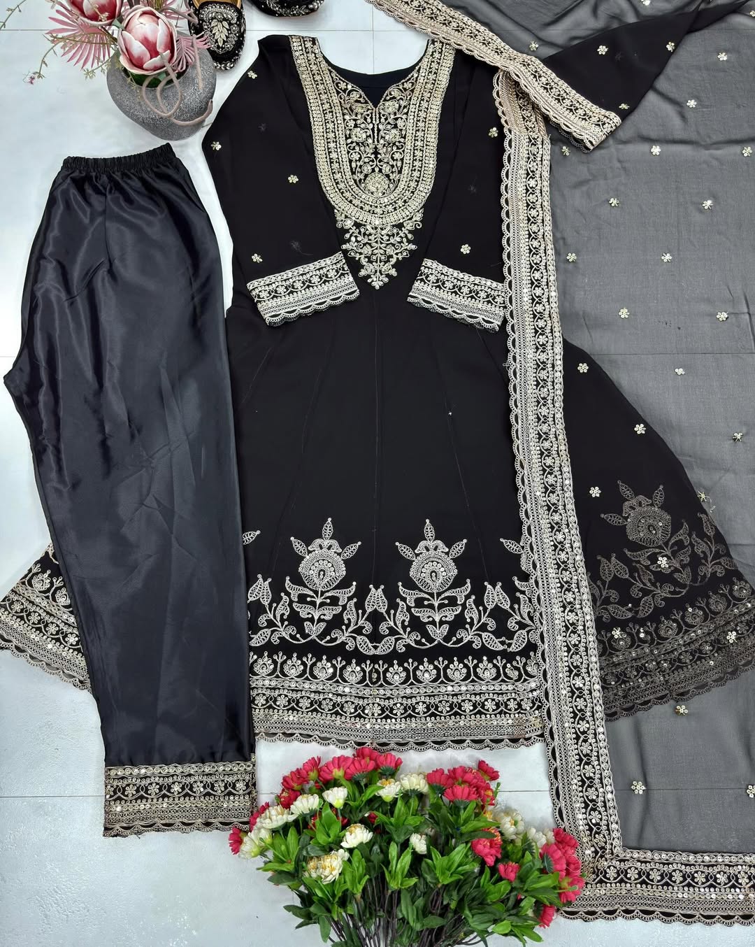 Designer Heavy Embroidered Kurti Palazzo Set with Net Dupatta | Party & Festive Wear for Women