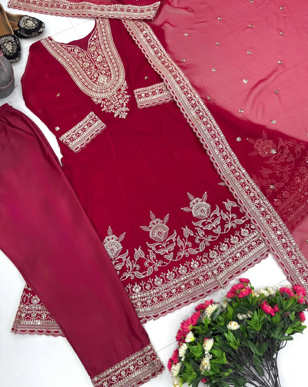 Designer Heavy Embroidered Kurti Palazzo Set with Net Dupatta | Party & Festive Wear for Women