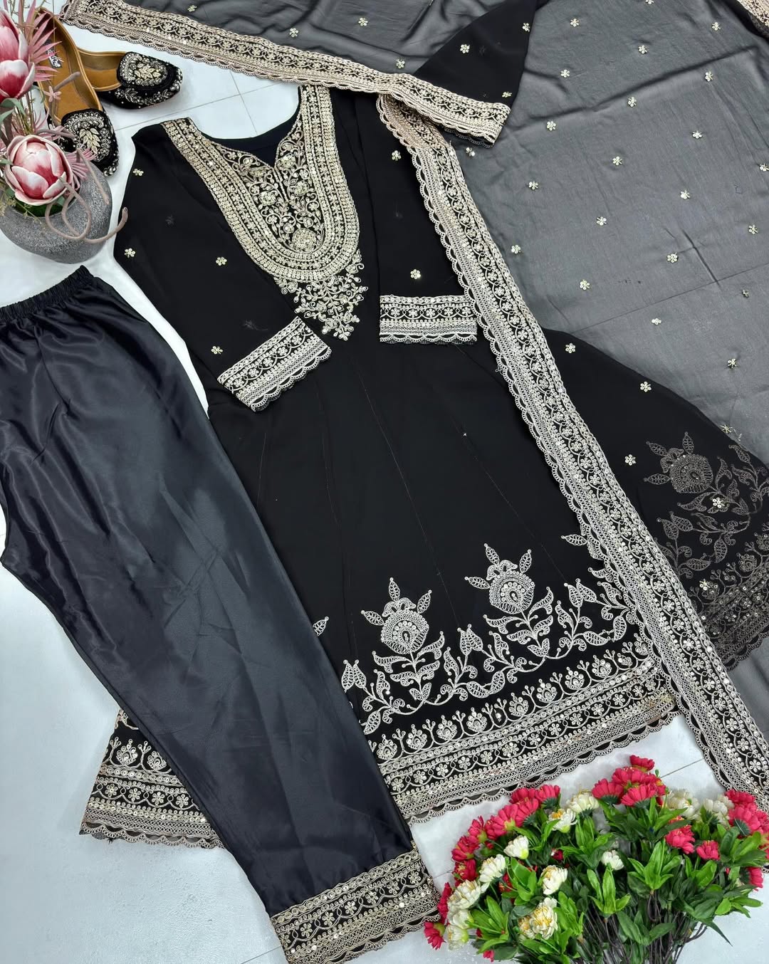 Designer Heavy Embroidered Kurti Palazzo Set with Net Dupatta | Party & Festive Wear for Women